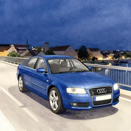 beautiful, watercolor by Agnes Cecile, blue audi a80, nighttime, bridge, bavaria