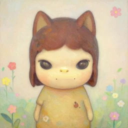pleasing palette, textured, detailed, flawless, perfect, mural - sized chibi littlest pet shop cat - inspired character design key visual portrait by yoshitomo nara ( 2 0 1 2 ), close - up, idyllic textured particulate atmospheric adorable flowery matte painting detailed pastel from fantasia ( 1 9 4 1 )