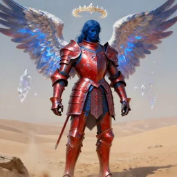 rococo style painting of full plate armor of crimson metal with azure blue lining and ruby studded worn by dark blue skinned angel with glowing wings, magic, enchanted, intricate, crystal, desert background, dusty, soft light, 8 k, artstation trending, masterwork