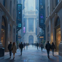 hyperrealistic and beautiful painting of an alley way within a grand city, wanderers traveling from afar, classical architecture, technological lights, screens, cyberpunk style, 8 k resolution, by hugh ferris and john smith, polished, fine detail, intricate, blue color scheme, cyberpunk style, smooth, octane, concept art, trending on artstation