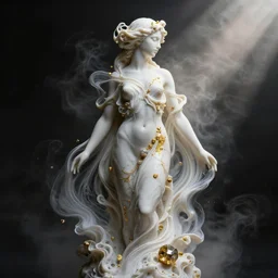 3 d abstract art noveau beautiful female sculpture, white liquid marbling acrylic paint, golden mineral quartz and crystals, intricate, elegant, art noveau, dark mood, volumetric light fog, sidelight, energy flowing by swirly acrylic fluid river, octane render, 8 k, wlop, tooth wu, greg rutkowski, beeple
