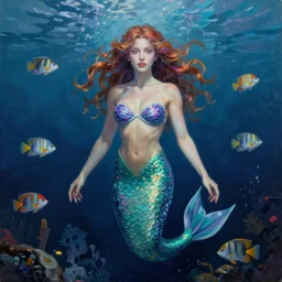 By Olga Nikitina and Tom Bagshaw, ultra realist soft painting of an underwater fish universe by night, beautiful mermaid in curvy bodysuit, symmetry accurate features, very intricate details, deep underwater environment, rainbow lighting, volumetric light water