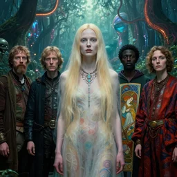 realistic detailed portrait movie shot of a beautiful blond ghost woman with an alien, futuristic forest background by denis villeneuve, amano, yves tanguy, alphonse mucha, max ernst, kehinde wiley, caravaggio, roger dean, cyber necklace, rich moody colours, sci fi patterns, wide angle