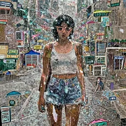 girl in a summer rain ,retro style,90s vibe,Aesthetic,city