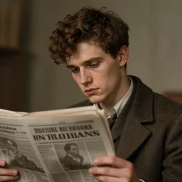 portrait painting of a young man, short brown curly hair, young man, newspaper reporter, tired, gaunt, handsome unreal render cinematic lighting art 1 9 2 0 period drama by bussiere rutkowski andreas rocha