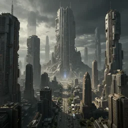 distopian city by esao andrews, dark scifi, futuristic distopia by stanslav lem, distopia megaliths, journey across the urban district, neverland and the gateway between dreams by beksinski, ultra hd rendered, ultra realsim