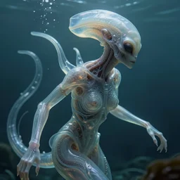 ultra realistic horror photo of translucent female alien creature underwater, very intricate details, focus, model pose, artwork by anna dittmann, award winning