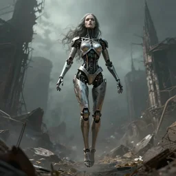 detailed, sharp, dreaming humanoid gothic female automata floating above ruined dystopia by Anna Dittmann . digital art. surreal. featured on art station. HD, 8K, highly detailed, good lighting