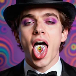 a colorful vibrant closeup portrait of a magician licking a tab of lsd acid on his tongue and dreaming psychedelic hallucinations, by kawase hasui, moebius, edward hopper and james gilleard, zdzislaw beksinski, steven outram colorful flat surreal design, hd, 8 k, artstation