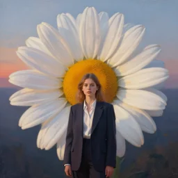 giant daisy flower head, portrait, a girl in a suit, surreal photography, sunrise, dramatic light, impressionist painting, digital painting, artstation, simon stalenhag