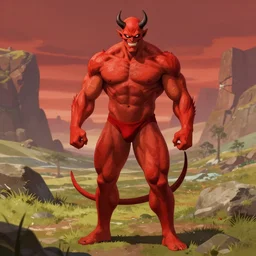 a male bodybuilder red devil wears a swimming trunks ,fullbody, hell, landscape,environment, artstation