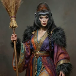 an anthropomorphic beautiful goddess female wizard made of gorilla portrait holding a broom stick wearing colourful robe, fine art, award winning, intricate, elegant, sharp focus, octane render, hyperrealistic, cinematic lighting, highly detailed, digital painting, 8 k concept art, art by jamie hewlett and z. w. gu, masterpiece, trending on artstation, 8 k