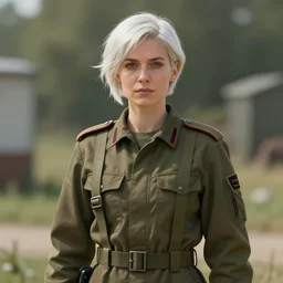 portrait of a military engineer woman with short white hair, wearing overalls, medium shot, portrait, concept art, natural lighting, illustration, full color, highly detailed, photorealistic, by greg rutkowski, artstation,