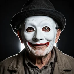 high contrast studio close - up portrait of a wrinkled old man wearing a pulcinella mask, clear eyes looking into camera, baggy clothing and hat, backlit, dark mood, nikon, photo by letizia battaglia, masterpiece