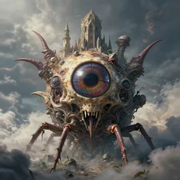 extremely hyperdetailed insectile alien eyeball skull castle in the chaos realm, by ian miller, rodney matthews and artstation, epic atmosphere, clouds, photorealism, complex color scheme, uhd