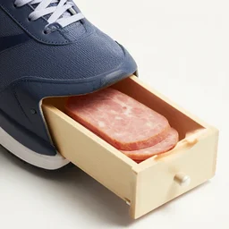sports shoe, small drawer slides out extending from shoe side, drawer contains lunch meat, product photo
