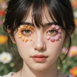 portrait of a girl with flowery eyes by yusuke murata and masakazu katsura, artstation, highly - detailed, cgsociety, flower bed in the background, detailed face