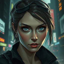 cyberpunk woman in a city, high detail, curious eyes, blended shading, in the style of alphonse mucha and andree wallin and artgerm, artstation, half body portrait