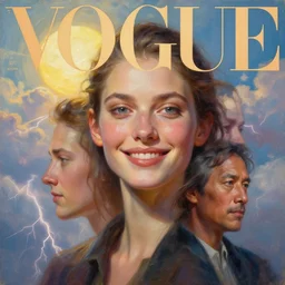 3 d, sci - fi, morning, smiling fashion model face, sun, lightning clouds, vogue cover style, morning colors mood, cinematic, realistic painting, intricate oil painting, high detail, figurative art, multiple exposure, poster art, 3 d, by stanley kubrick and tooth wu and wlop and beeple and greg rutkowski