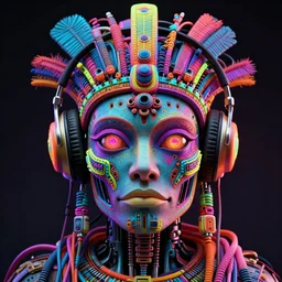 a detailed vcyberpunk aztec rococo robot head wearing multicolored wires and headphone, 8 k, front view, symetrical, flourescent colors, halluzinogenic, multicolored, exaggerated detailed, front shot, 3 d render, octane