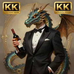 a dragon man wearing tuxedo holding a wine bottle portrait, digital art, digital painting, masterpiece, elegant, hyper realistic, award winning, 8 k, behance, artstation, unreal engine 5, octane render, masterpiece, sharp focus, intricate, ornate