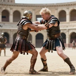 film still of a gladiator arena duel fight, boris johnson wrestles [ [ emmanuel macron ] ], epic cinematic shot