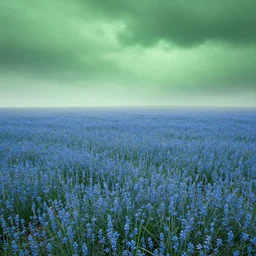 surreal photography of a'blu field'blu grass blu flowers and'green sky'green clouds green fog