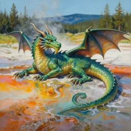 highly detailed oil painting of a dragon resting in a colorful hotspring at yellowstone national park, featured on artstation