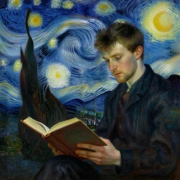 attractive male reading book with his friend, starry night, painting by gaston bussiere, craig mullins, j. c. leyendecker