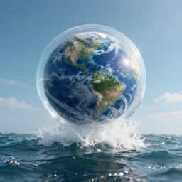 planet earth inside a bubble floating on a wild ocean wave