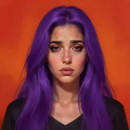 portait of haifa wehbe, sadness look, long purple hair centred, hd, digital painting, unreal engine, final fantasy style, very beautifull face, amazing red orange background theme