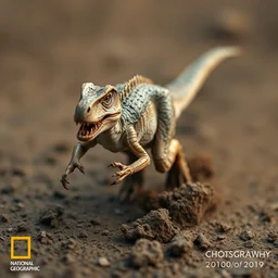 action photography, long shot, award winning macro photo of an ultra detailed intricate muddy tiny velociraptor running very fast on mud, dirt and dust, fast shutter speed, motion blur, tiny gaussian blur, highly detailed, highly intricate, depth of field, national geographic
