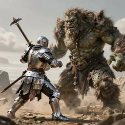 A heavily armored knight fighting an ogre 10 times his size