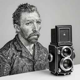 photo of vincent van gogh by diane arbus, black and white, high contrast, rolleiflex, 5 5 mm f / 4 lens