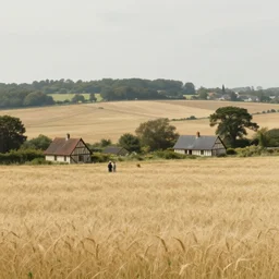 artwork of the cinematic view of normandy with a couple of scattered small half - timbered houses in vast wheat fields by caspar david friedrich, landscape view, depth of field, trending on artstation, background, nature