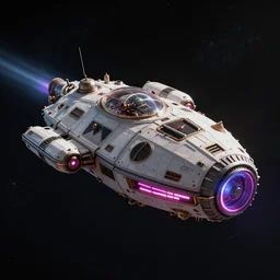 tiny spaceship, deep space exploration!!!, flying, the expanse tv series, industrial design, the final frontier, illustrative!!, punk!!!, space pirate, hyperdetailed, hyperrealistic, utilitarian cargo ship, underexposed, cinematic lighting, 4k, wide angle, beksinski, (neon colors)