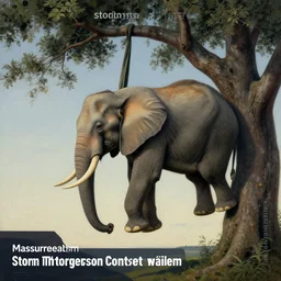 a picture of an elephant hanging from a tree, a surrealist painting by storm thorgerson, shutterstock contest winner, massurrealism, surrealist, whimsical, hyper - realistic