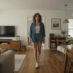 go pro footage, a woman walking in her house.