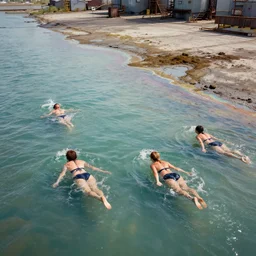 overhead view of bodies swimming in an iridescent tide oil slick at the edge of a disaused factory faded, depth of field, ultra realistic, very detailed, glitch, by nadav kander, 8 k hyper realistic detailed cinematic
