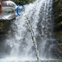 water bottle being poured, the water coming out merges with a waterfall that is visible in the background, painting, sunny day