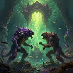 two monsters fighting on alien planet, underwater world, many fish, ornate and intricate, glowing nether portal, dim painterly lighting volumetric aquatics, jaw droping by anton fadeev, by rhads, by francis bacon, 4 k, detailed, subsurface scattering, green - purple - yellow lighting, trending on pixiv