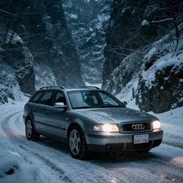Audi A4 B6 Avant (2002), a gritty neo-noir, dramatic bright lighting, cinematic, establishing shot, extremely high detail, photorealistic, cinematic lighting, artstation, by simon stalenhag, Snowy japanese mountain road, Palmont City canyons, At night