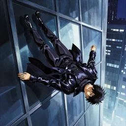 anime movie poster of a cyberpunk android falling past a large windowed building that shows the android's reflection, anime, movie poster, wearing a leather trench coat, illustration, digital painting, matte painting, good value control, rule of thirds, ghost in the shell