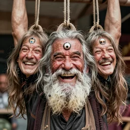 a old laughing happy old man with 3 heads and 6 eyes, long hair, long beard, hanging upsidedown by steve mccurry