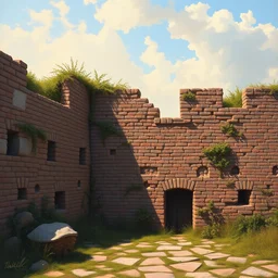 a beautiful painting of an ancient brick wall, landscape, 8 k, photorealism