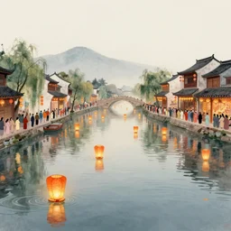 grand festival, river lanterns are floating on the water, chinese watercolor style, trending on artstation, global illumination, radiant light, night lighting, art by wlop and greg rutkowski,, detailed and intricate environment, 8 k