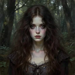 a beautiful and eerie baroque painting of a gorgeous young woman in silent hill, with wild hair and haunted eyes, 1 9 7 0 s, woodland, afternoon light, delicate ex embellishments, painterly