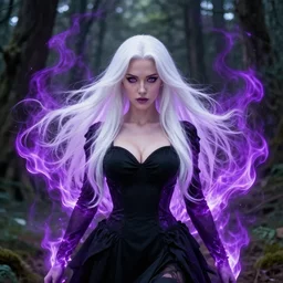 style artgerm, joshua middleton, dean cornwell, beautiful kristen bell with black dress, very long white hair, symmetrical face, symmetrical eyes, purple fire powers fire swirling, detailed, forest setting, cinematic lighting