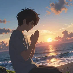 beautiful photograph of a young man praying by the pacific ocean, sunrise, epic, cinematic lighting, dramatic angle, 8k hdr pixiv dslr photo by Makoto Shinkai and Wojtek Fus