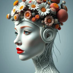 biomechanical beautiful woman portrait with a smooth carved porcelain ivory profile face, futuristic haute couture, iris van herpin, headdress with daisies, colorful puffballs, mushrooms, rhizomorphs, brackets, sponge corals, laser cut collar, red lips, slender tendrils cyberpunk, hyper detailed, ultra sharp, 8 k, uhd